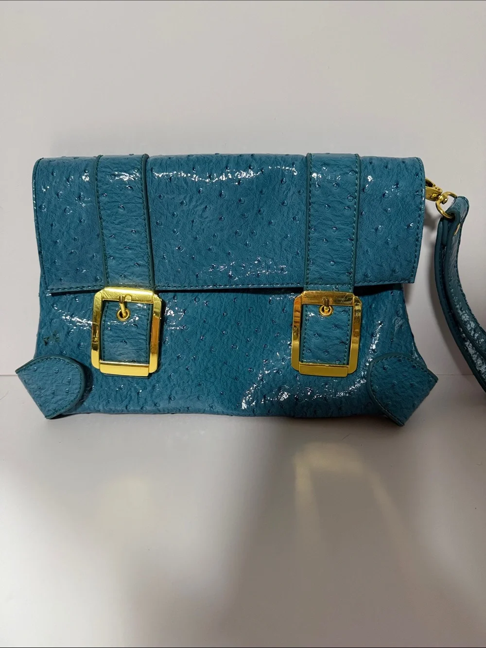 UE Teal Patent Wristlet Clutch with Gold Buckles